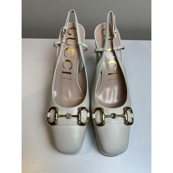 GUCCI SHOES PLATFORM White LEATHER SLINGBACK PUMPS w HORSEBIT $1,100 sz 39 9 - Picture 2 of 10